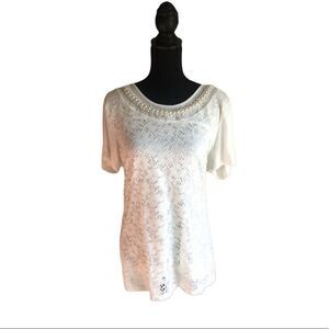 Lace Overlay Blouse with Pearl Detail